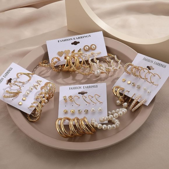 Women Gold 36 Pairs Pearl Chain Link Stud Drop Dangle Earrings Set - Picture 6 of 6